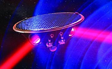 Artists concept of what LISA will look like in space. It looks like a disc firing lasers.