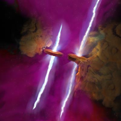 Artist’s concept of two young stars nearing the end of their formation, jets of gas shoot from the stars’ north and south poles.